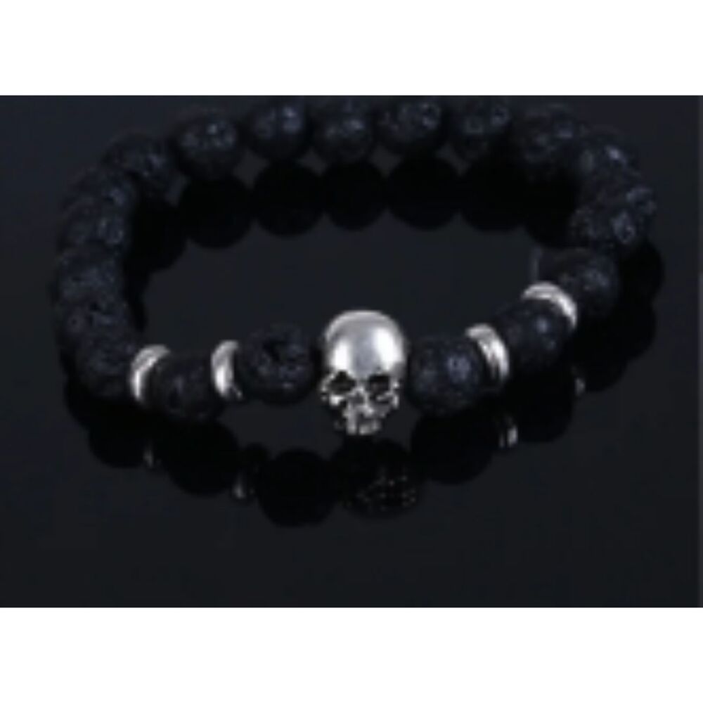 Silver Skull Skeleton Black Lava Stone Essential Oil Women's Stretch Bracelet